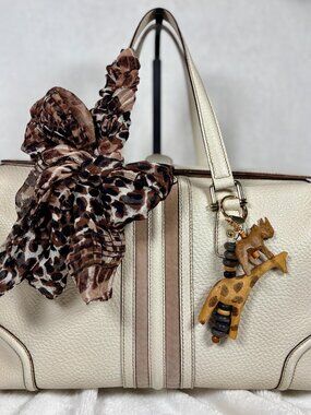 Vintage Gucci Calf Leather Striped Boston Bag, Cream with Scarf and Charm